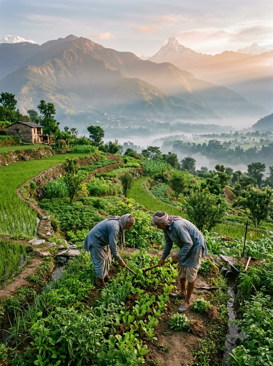 Rows of crops on an organic farm at sunset