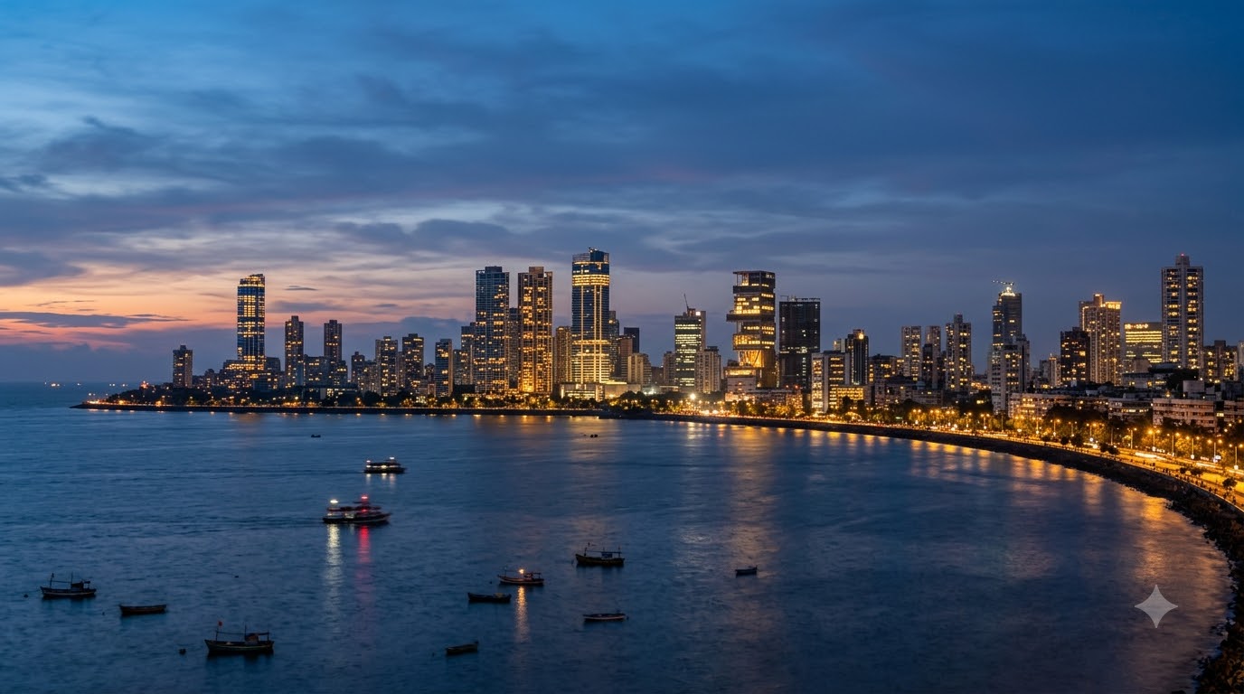 A city skyline at night seen from a high tower