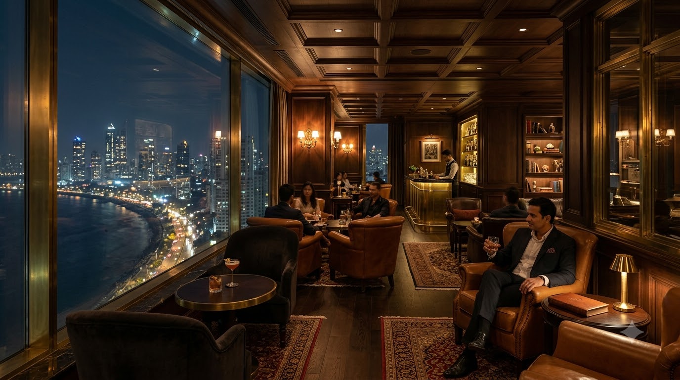 A dimly lit members lounge overlooking the city