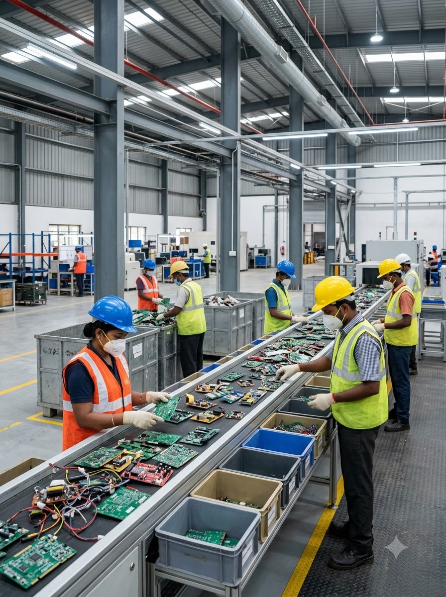 A worker feeding material onto a recycling conveyor