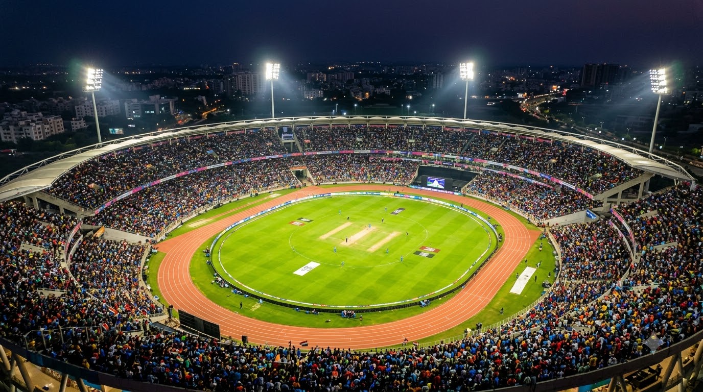 A floodlit stadium seen from above